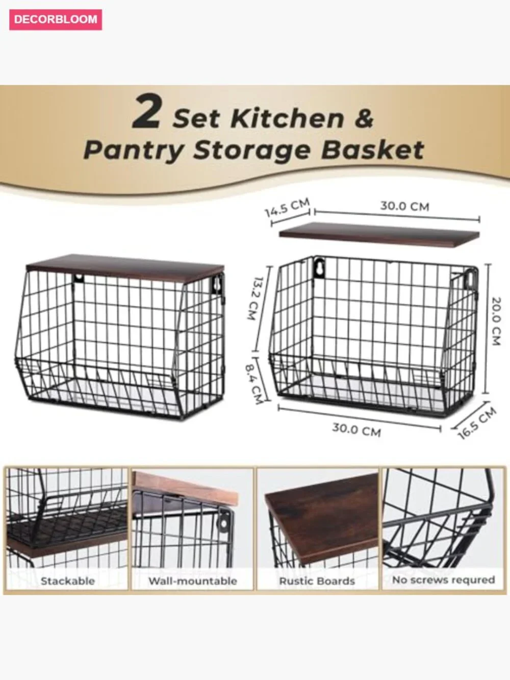 2-Pack Stackable Fruit Basket with Wood Lid, 11.8 x 7.9 x 8.5 In, Metal Wire